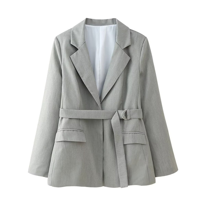 Damen nan taillierter Blazer mit Bindegürtel, Pattentaschen und klassischem Revers Drune