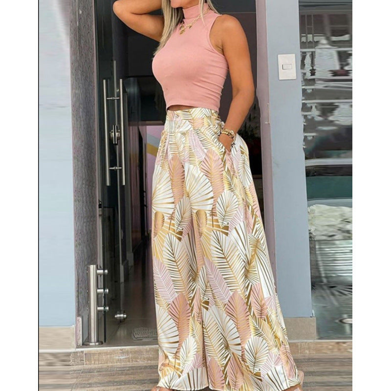 Damen Stilvolles Zweiteiliges Cropped Top und Breite Hosen Set Drune