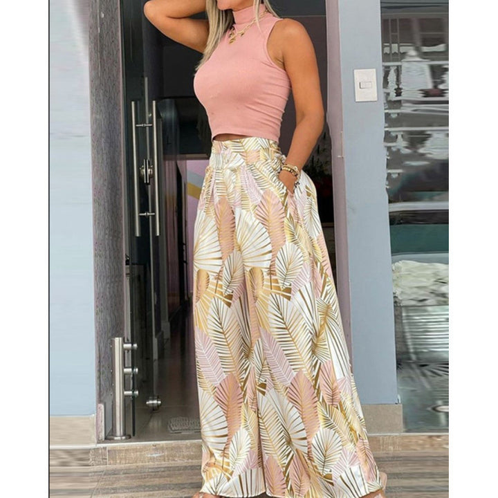 Damen Stilvolles Zweiteiliges Cropped Top und Breite Hosen Set Drune