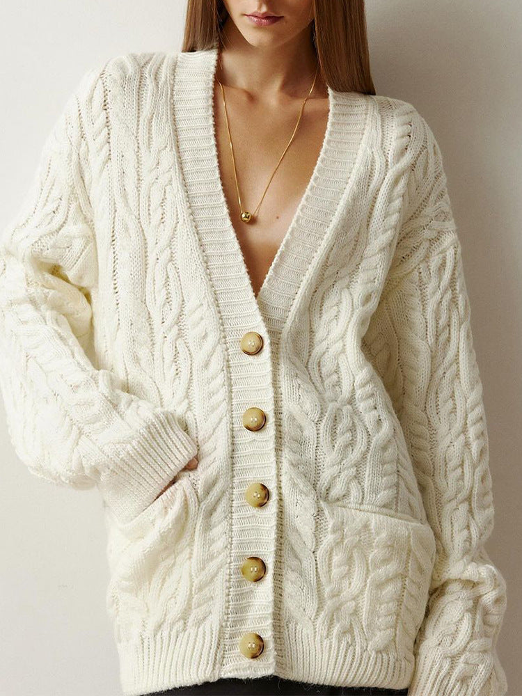Damen Oversize Zopfmuster-Strickcardigan mit V‑Ausschnitt und aufgesetzten Taschen Drune