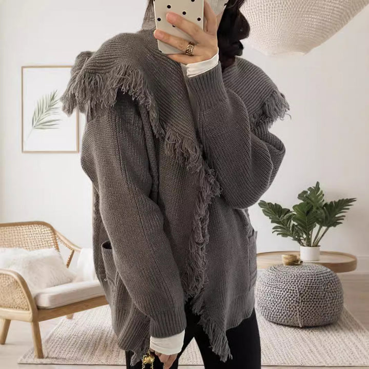 Damen Oversized Strickjacke mit fransigen Details und offenem Schnitt Drune
