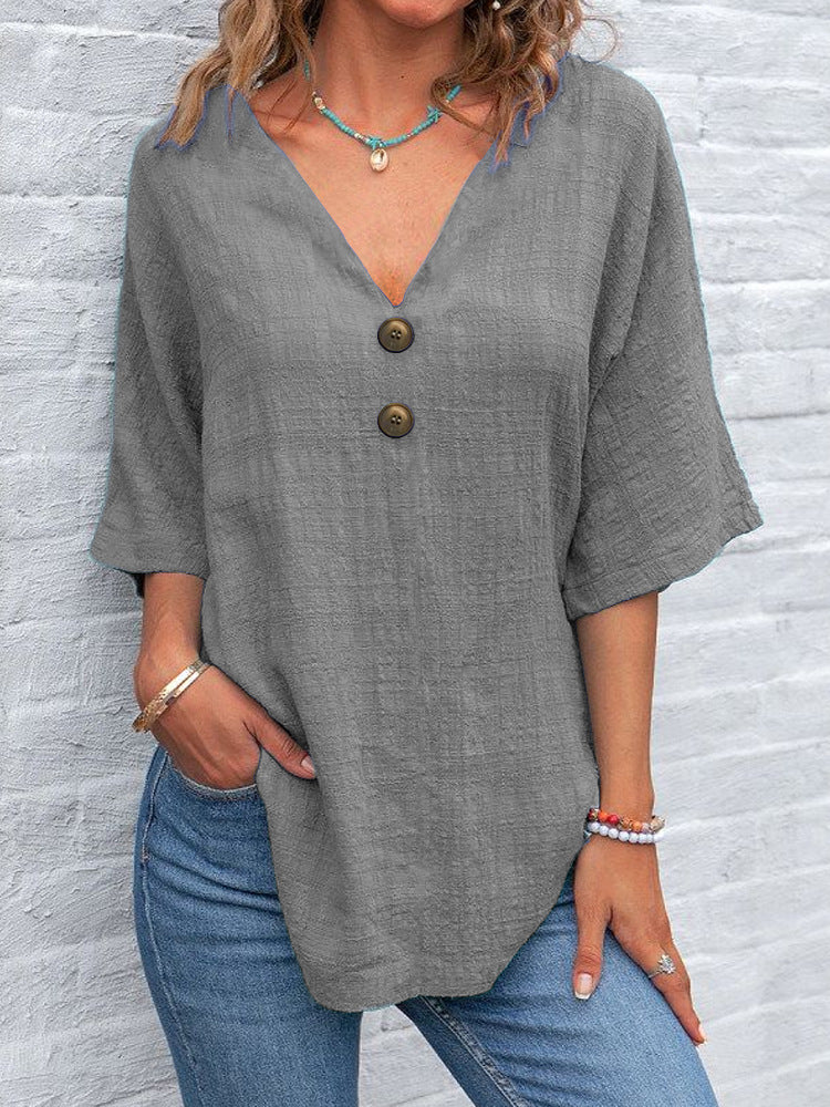 Damen V-Ausschnitt Bluse mit Knopfdetails Drune