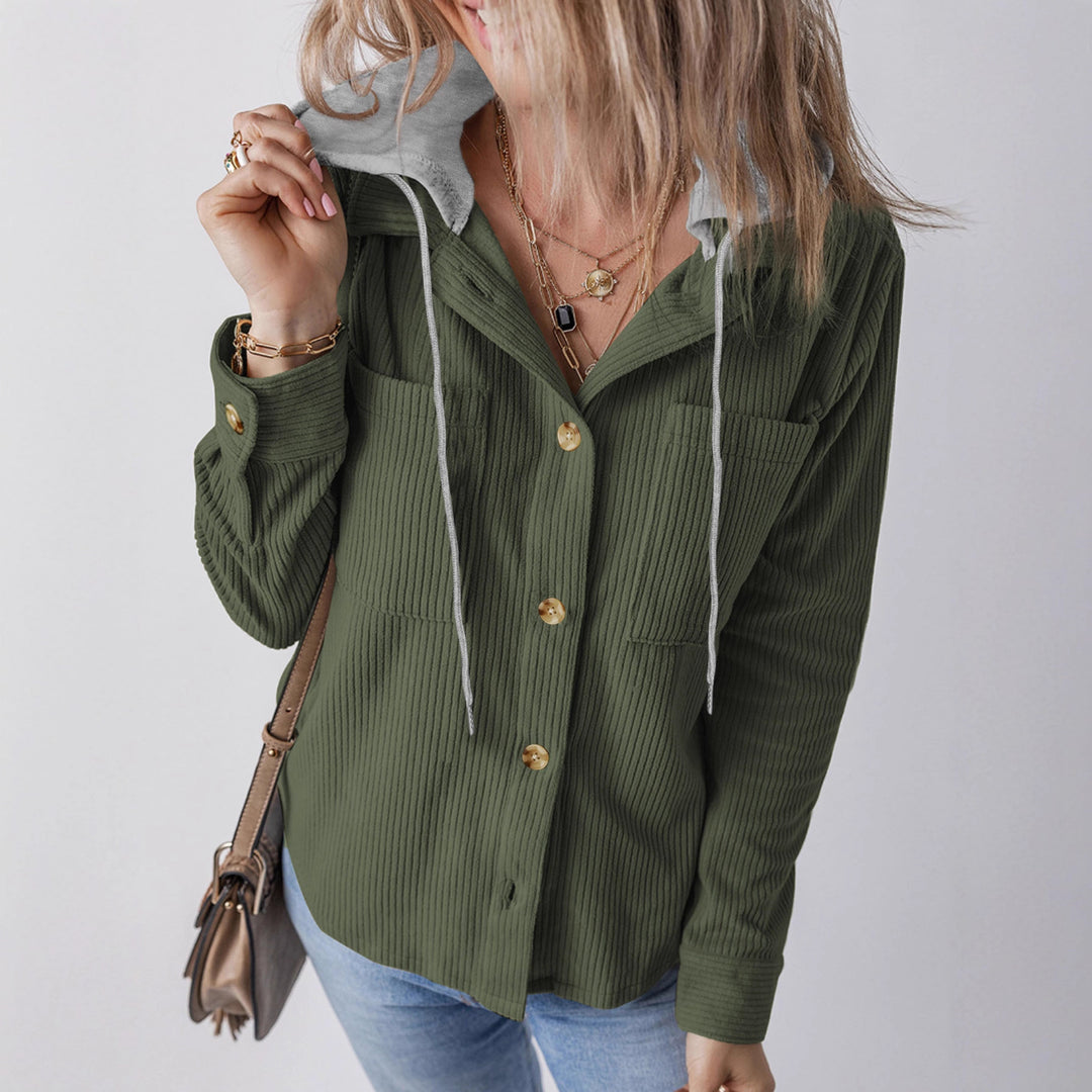Damen Gerippte Hemdjacke mit Kapuze, Knopfleiste und aufgesetzten Taschen Drune