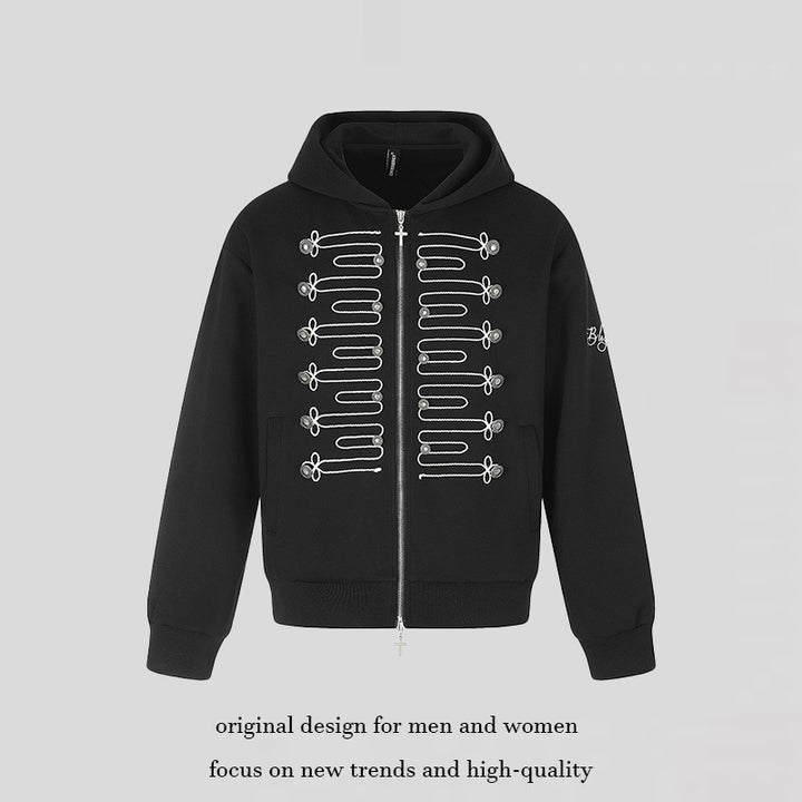 Unisex Zip-Kapuzenjacke im Military-Stil mit Zierkordeln und Metallknöpfen Drune