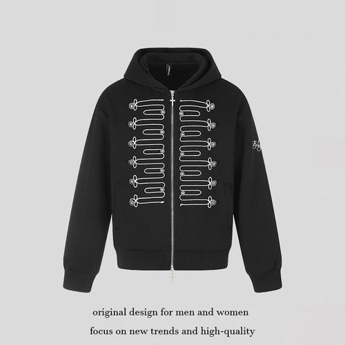 Unisex Zip-Kapuzenjacke im Military-Stil mit Zierkordeln und Metallknöpfen Drune