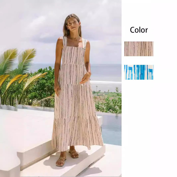 Damen Maxikleid mit verstellbaren Trägern und einzigartigem Streifenmuster Drune
