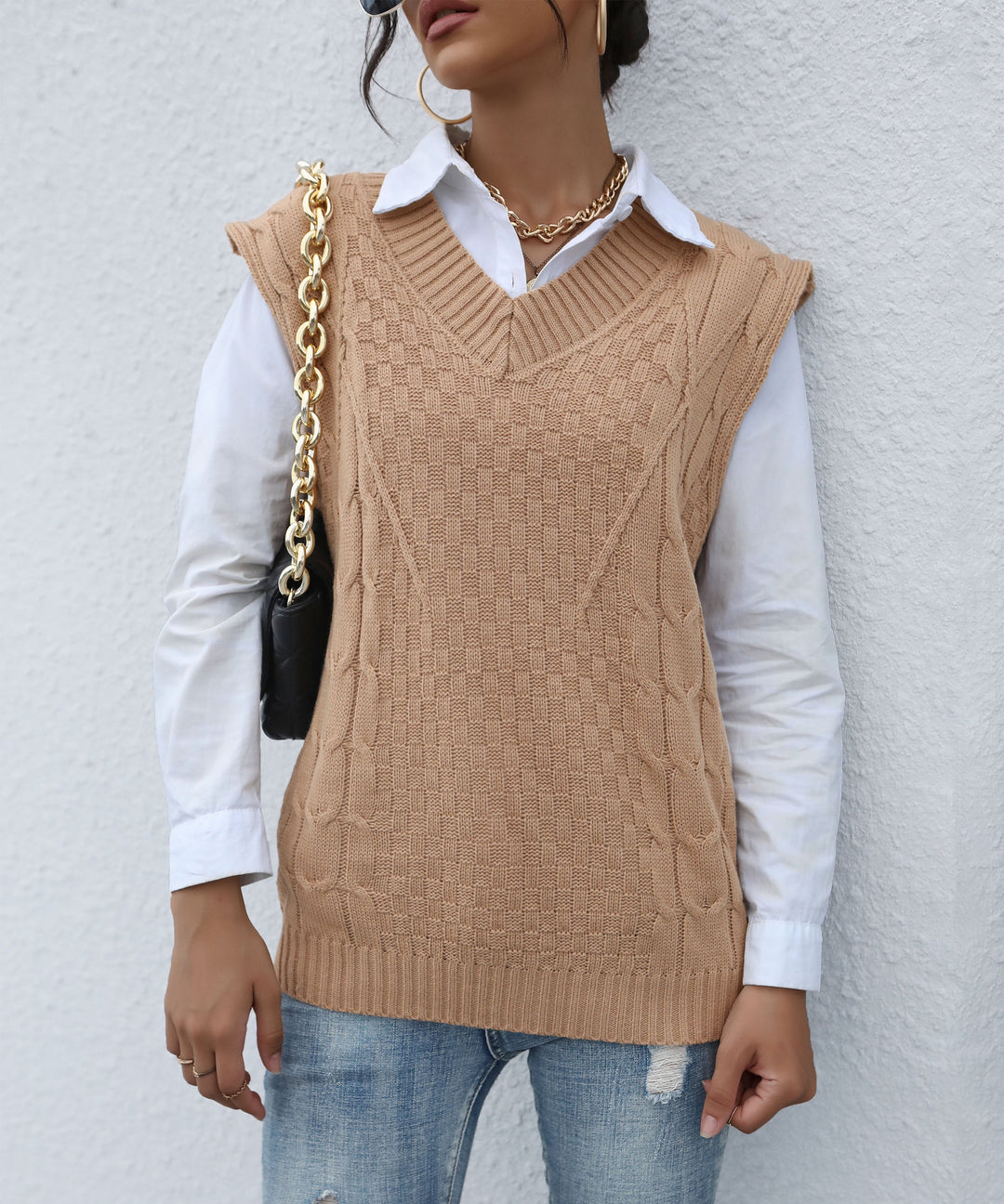 Damen Strick-Weste mit V‑Ausschnitt, Zopfmuster und lässiger Oversize-Silhouette Drune