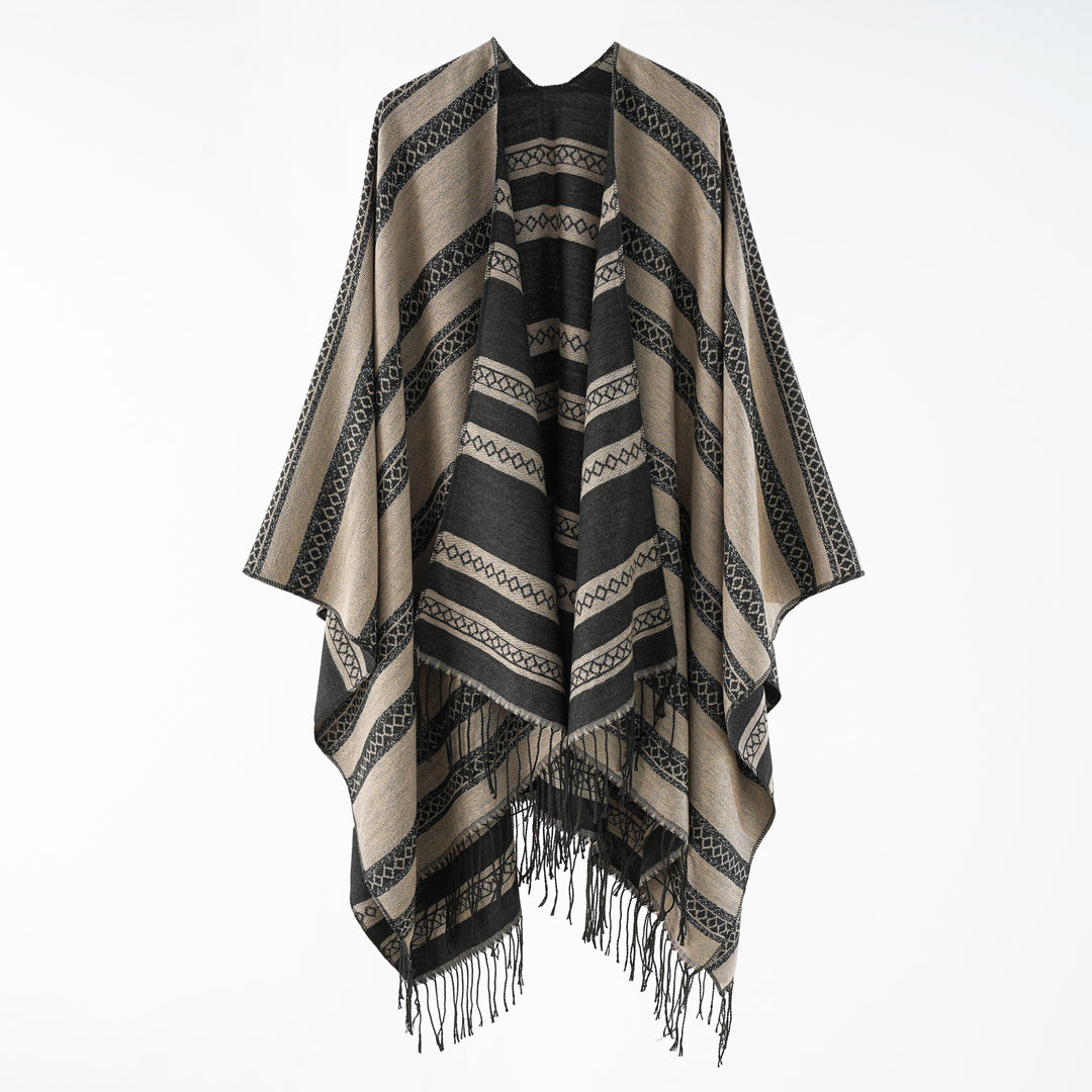 Damen Wollmix-Wickelponcho im Jacquardstreifen mit Fransen Drune