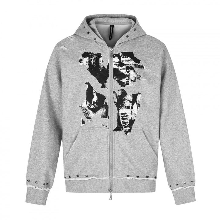 [Herren] Kapuzensweatjacke mit durchgehendem Reißverschluss, Vintage‑Print und Nietenbesatz Drune