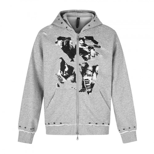 [Herren] Kapuzensweatjacke mit durchgehendem Reißverschluss, Vintage‑Print und Nietenbesatz Drune