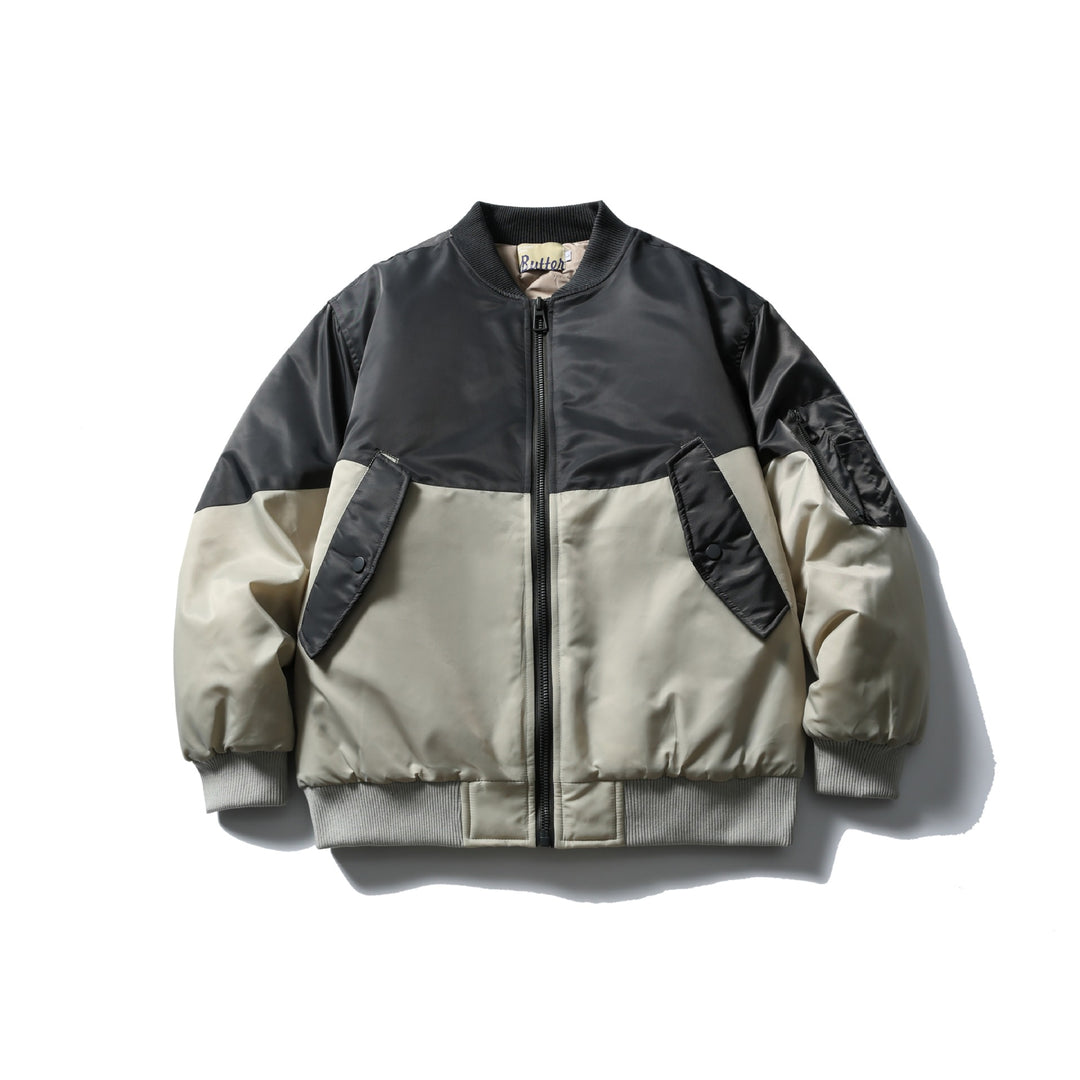 Unisex Kurz geschnittene zweifarbige Nylon‑Bomberjacke mit Utility‑Klappentaschen und Ärmel‑Zipper Drune