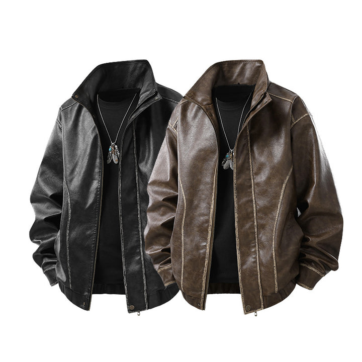Herren Lederjacke im Vintage-Bomberstil mit Stehkragen Drune