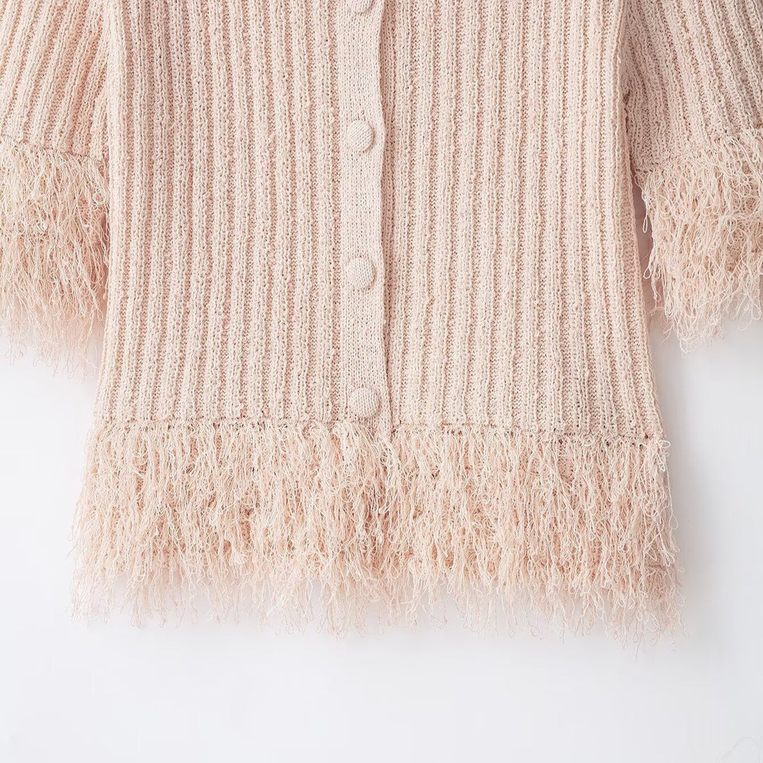 Damen Bouclé-Cardigan mit Fransenärmeln und verdeckter Knopfleiste Drune