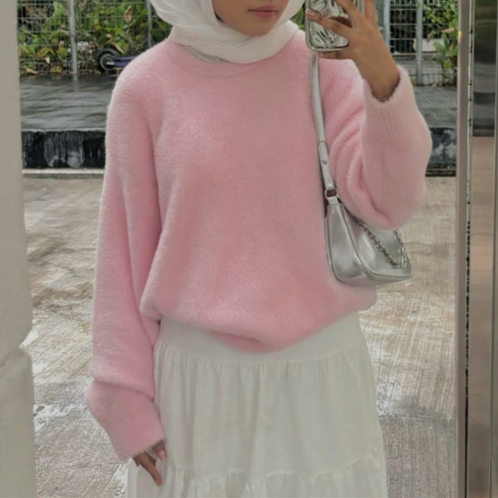 Damen Kurzgeschnitteter Flauschpullover mit Ballonärmeln und Rundhalsausschnitt Drune