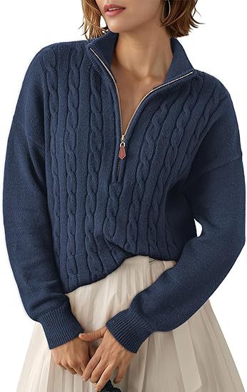 Damen Grobstrick Pullover mit Stehkragen und halbem Reißverschluss Drune