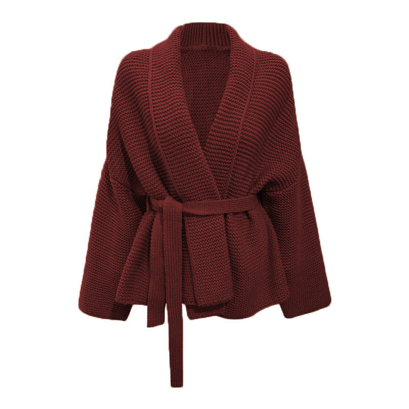 Damen Grobstrick Cardigan mit Gürtel und lockerem Schnitt Drune