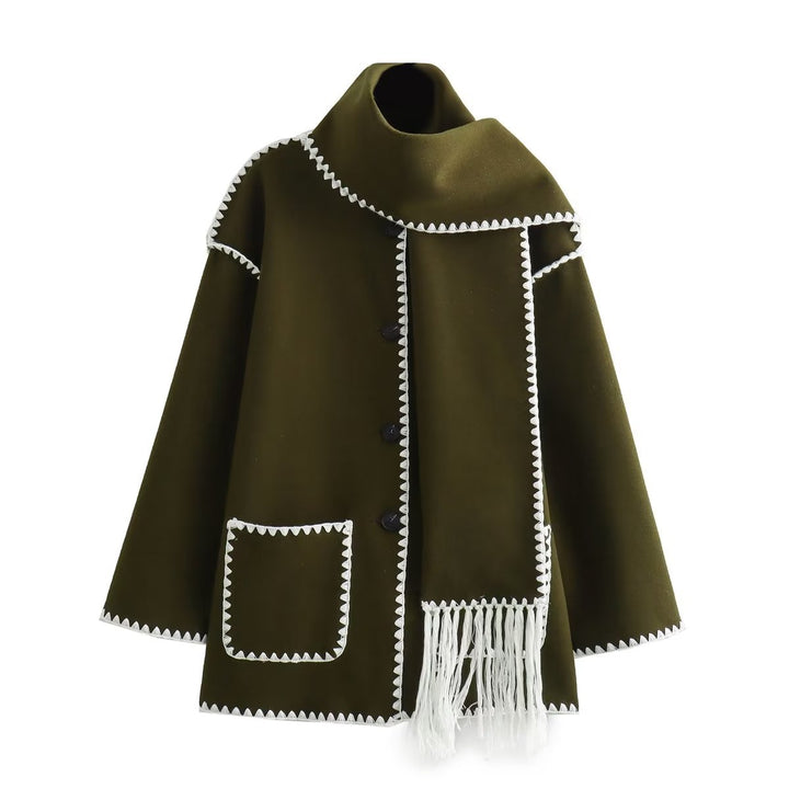 Damen Cape-Mantel mit angesetztem Fransen-Schal und Zier-Zickzacknaht Drune