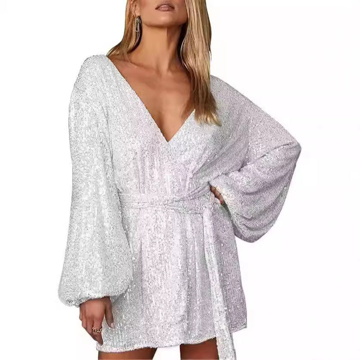 Damen Glitzerndes Minikleid mit tiefem Ausschnitt und weitem Ärmel Drune