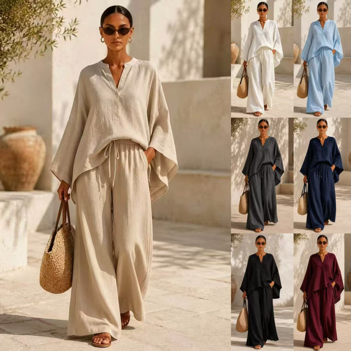 Damen Leichte Leinenmischung Übergroße Kaftan-Oberteil und Kordelzug Weitbein-Hosen Set Drune