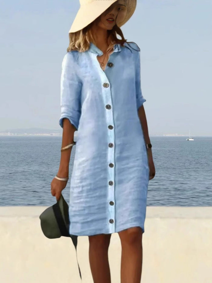 Damen lässiges Leinenkleid mit Knopfleiste und praktischen Taschen Drune