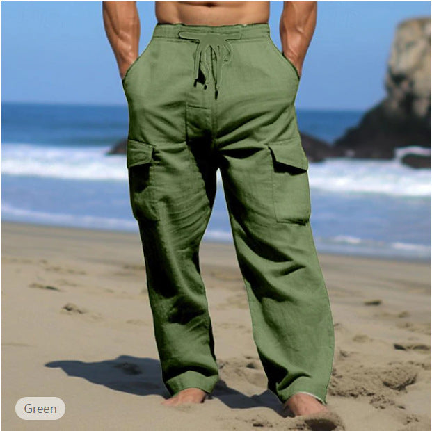 Herren weite Freizeit-Cargohose aus Leinenmix mit Tunnelzugbund, aufgesetzten Klappentaschen und entspanntem Strandfit Drune
