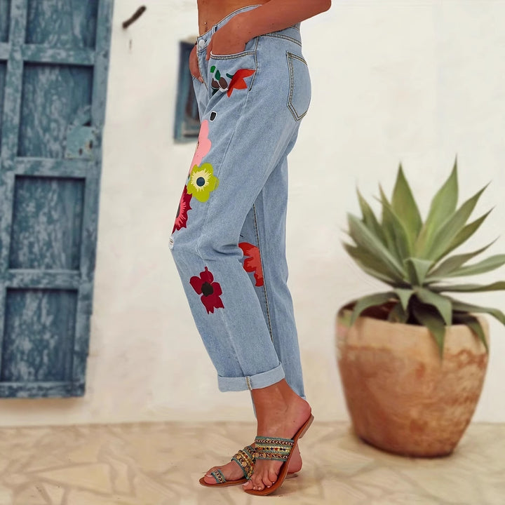 Damen Gerade geschnittene Jeans mit bunten Blumenapplikationen und leichten Destroy-Details Drune