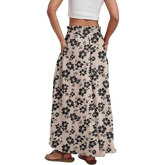 Damen Maxi-Rock mit Paperbag-Taillengürtel, Bindegürtel und Seitentaschen Drune