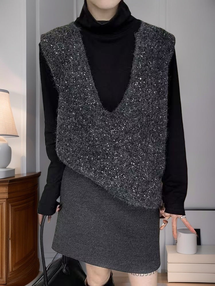 Damen Modische Strickweste mit tiefem V-Ausschnitt und kreativem Schnitt Drune