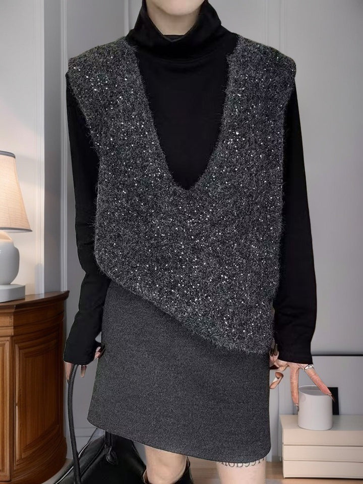 Damen Modische Strickweste mit tiefem V-Ausschnitt und kreativem Schnitt Drune