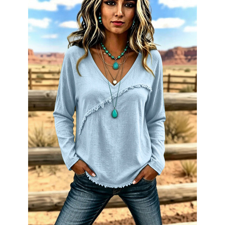 Damen Lässiges V-Ausschnitt Langarmshirt mit diagonaler Fransenblende und Strukturstoff Drune