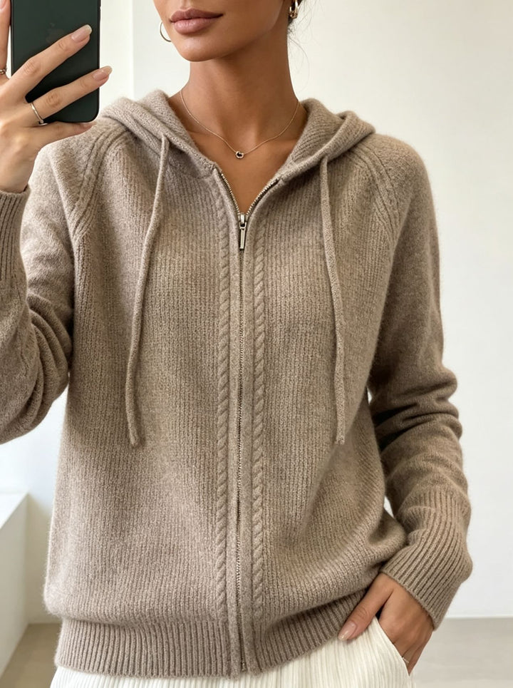 Damen Kapuzen-Cardigan mit Reißverschluss, feinem Feinstrick und gerippten Bündchen Drune