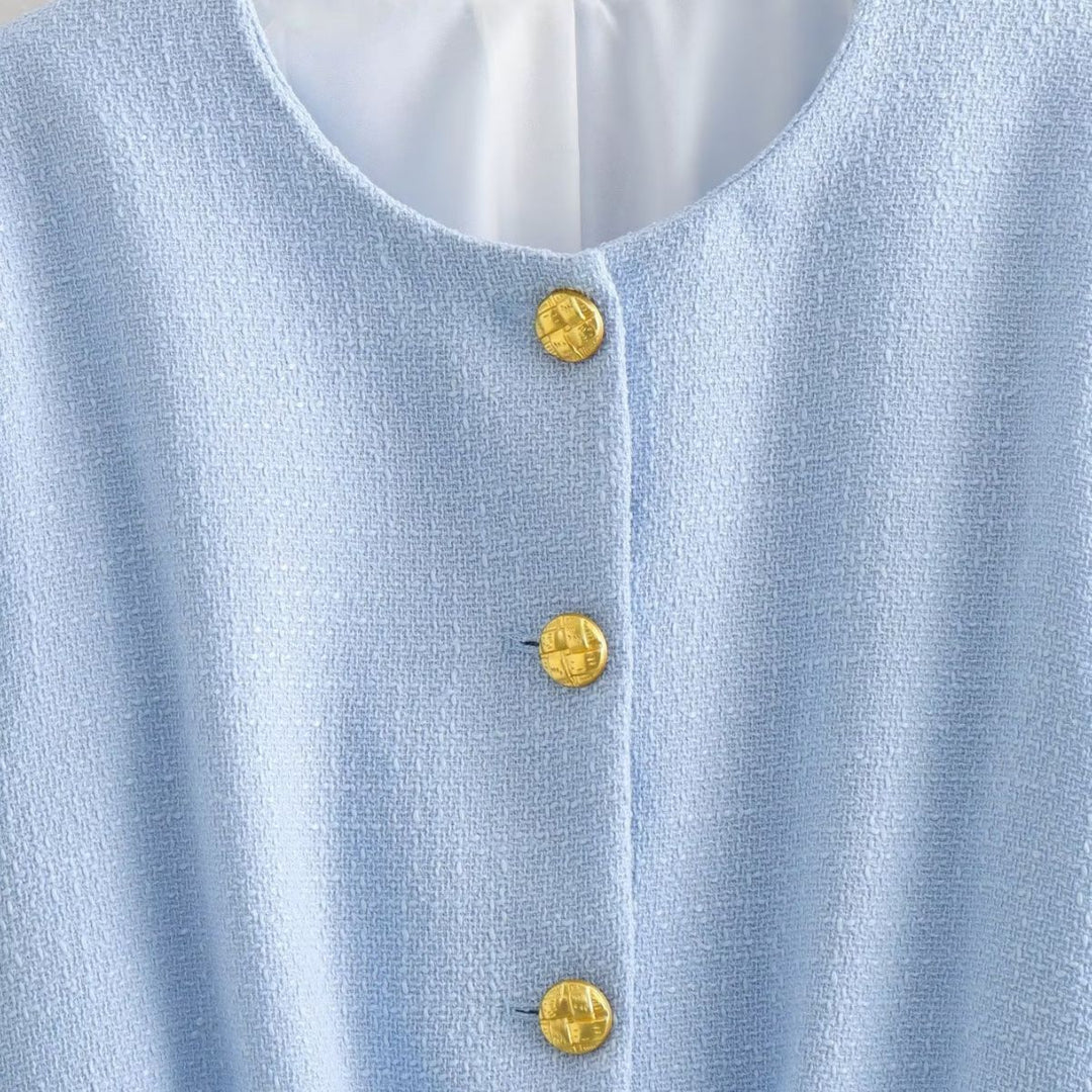 Damen nan kurz geschnittene Bouclé-Jacke mit Rundhalsausschnitt, durchgehender Knopfleiste und goldfarbenen Zierknöpfen Drune