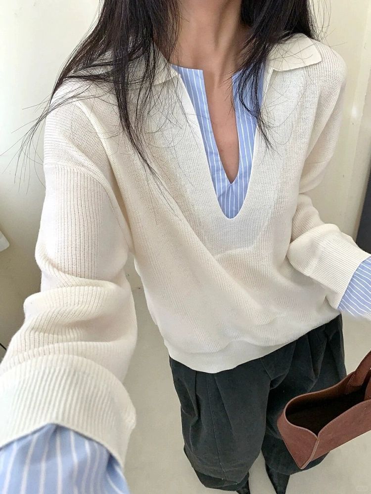 Damen Eleganter Pullover mit eingesetztem Hemdkragen Drune