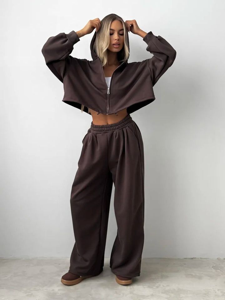 Damen weit geschnittenes Cropped-Zip-Hoodie und Palazzo-Jogger Set Drune