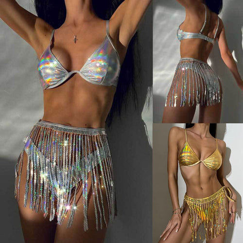 Damen Glitzernder Bauchfreies Top mit Glitzerfransen Drune