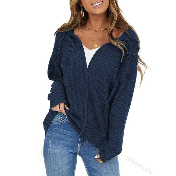 Damen Oversize Waffelstrick-Kapuzenpullover mit Reißverschluss Drune