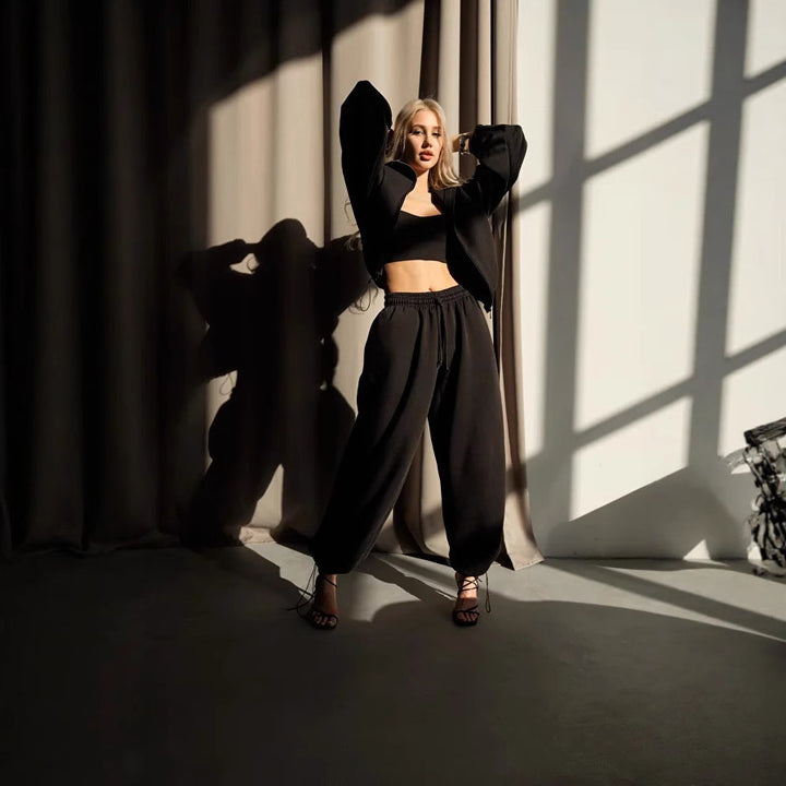 Damen gekürztes Scuba-Hoodie mit oversized Kapuze und elastischer High‑Waist Jogginghose Drune