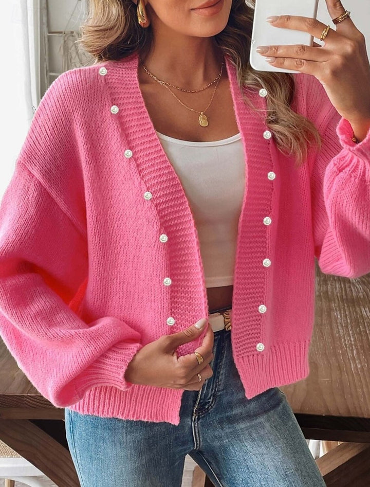 Damen nan grobstrick Cardigan mit Perlenknöpfen und Balloonärmeln Drune