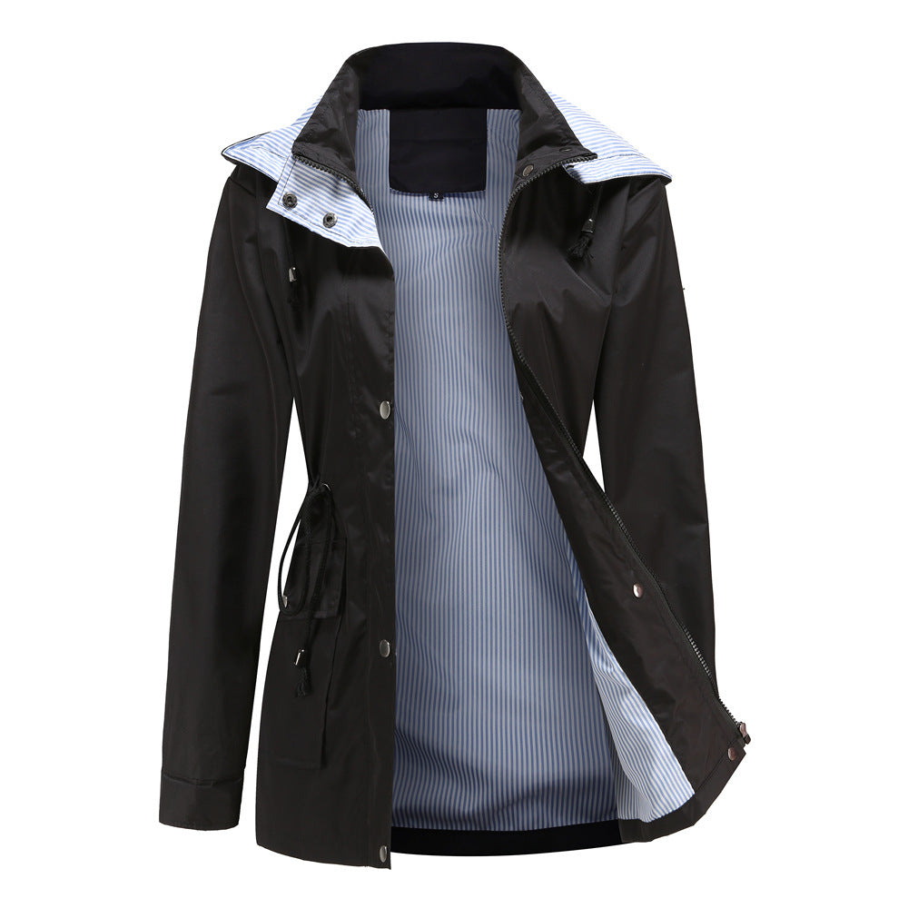 Damen Wetterfeste Regenjacke mit verstellbarem Kapuzenkragen und Taillenzug Drune