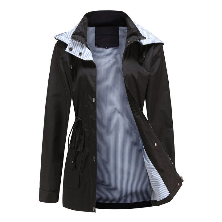 Damen Wetterfeste Regenjacke mit verstellbarem Kapuzenkragen und Taillenzug Drune