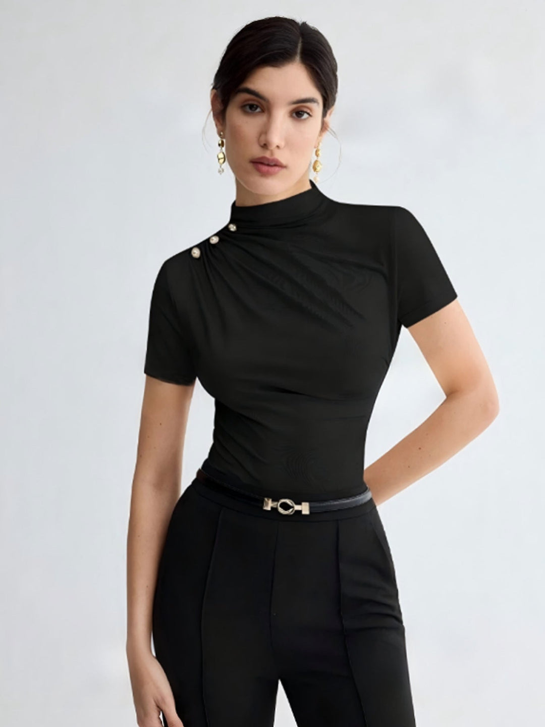 Damen elegantes Oberteil mit dekorativen Knopfdetails und modernem Stehkragen Drune