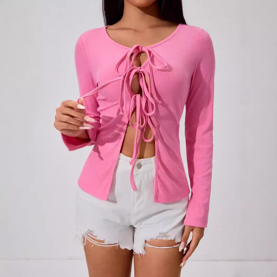 Damen geripptes Longsleeve-Top mit mehrfachem Front-Schnürdetail, Cut-Outs und taillierter Passform Drune