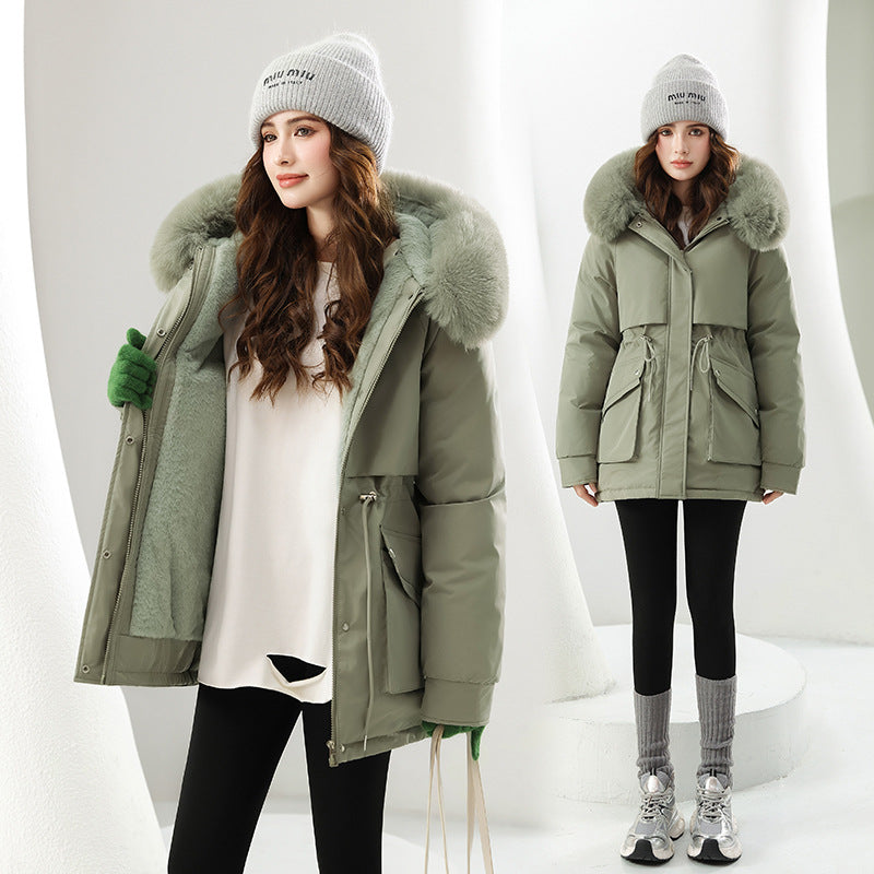Damen Modische Winterjacke mit abnehmbarer Kapuze und hochwertigem Kunstfell Drune
