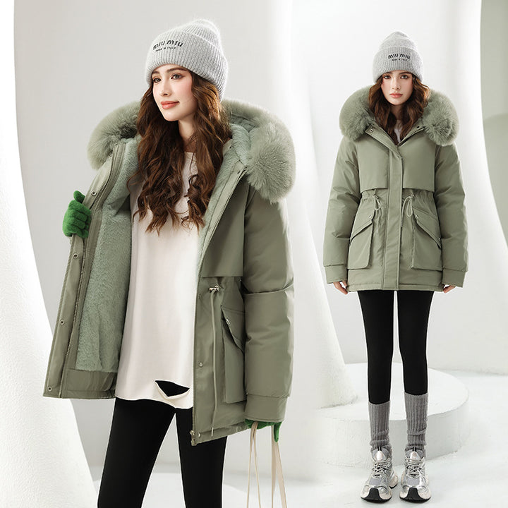 Damen Modische Winterjacke mit abnehmbarer Kapuze und hochwertigem Kunstfell Drune