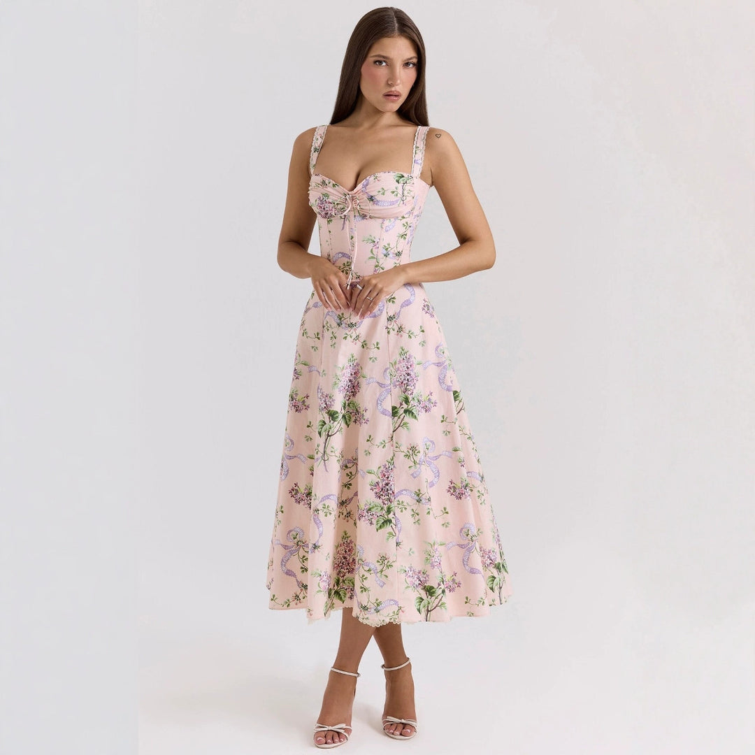 Damen Maxikleid mit floralen Rüschen und schwingendem Saum Drune