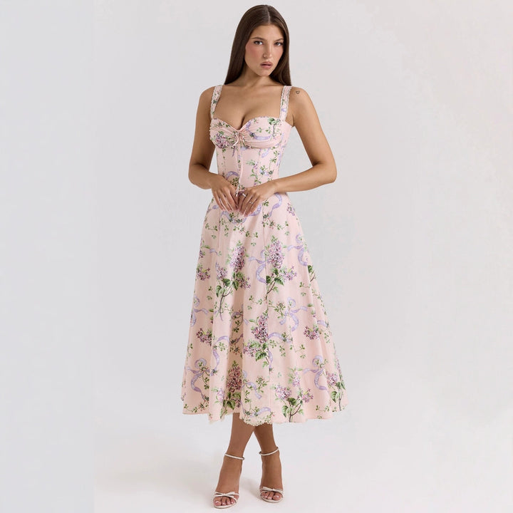 Damen Maxikleid mit floralen Rüschen und schwingendem Saum Drune