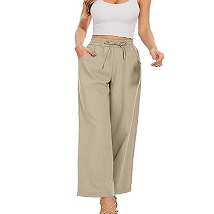 Damen Weite Leinenhose mit hohem elastischem Bund, Kordelzug und Eingrifftaschen Drune