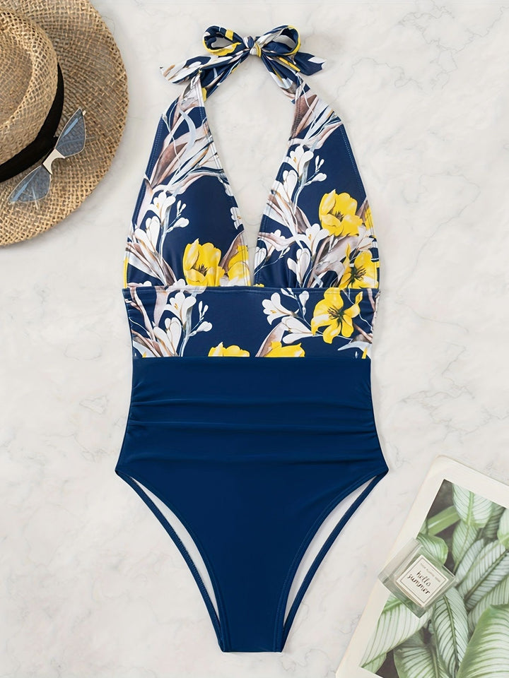 Damen Einteiliger Badeanzug mit floralem Design und Langen Bindebändern Drune
