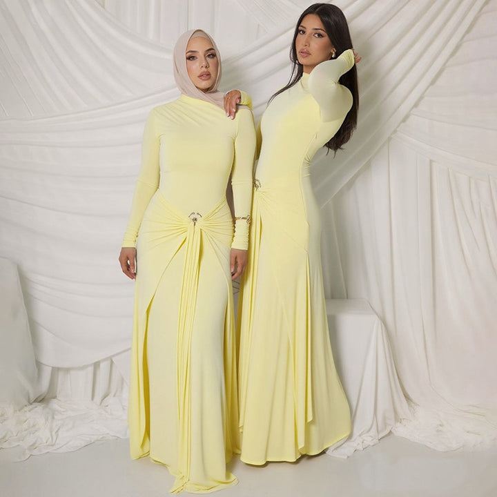 Damen Elegantes Maxikleid mit Drapierungsdetails und langem Arm Drune