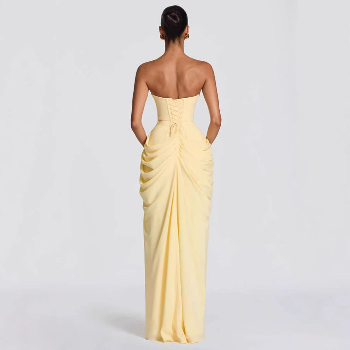 Damen Elegantes Bandeau Abendkleid mit Raffungen und Beinschlitz Drune